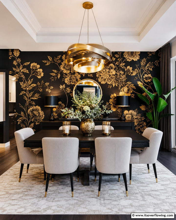 Statement Wallpaper on Black - 20 Black Accent Wall Dining Room Ideas for a Bold Look