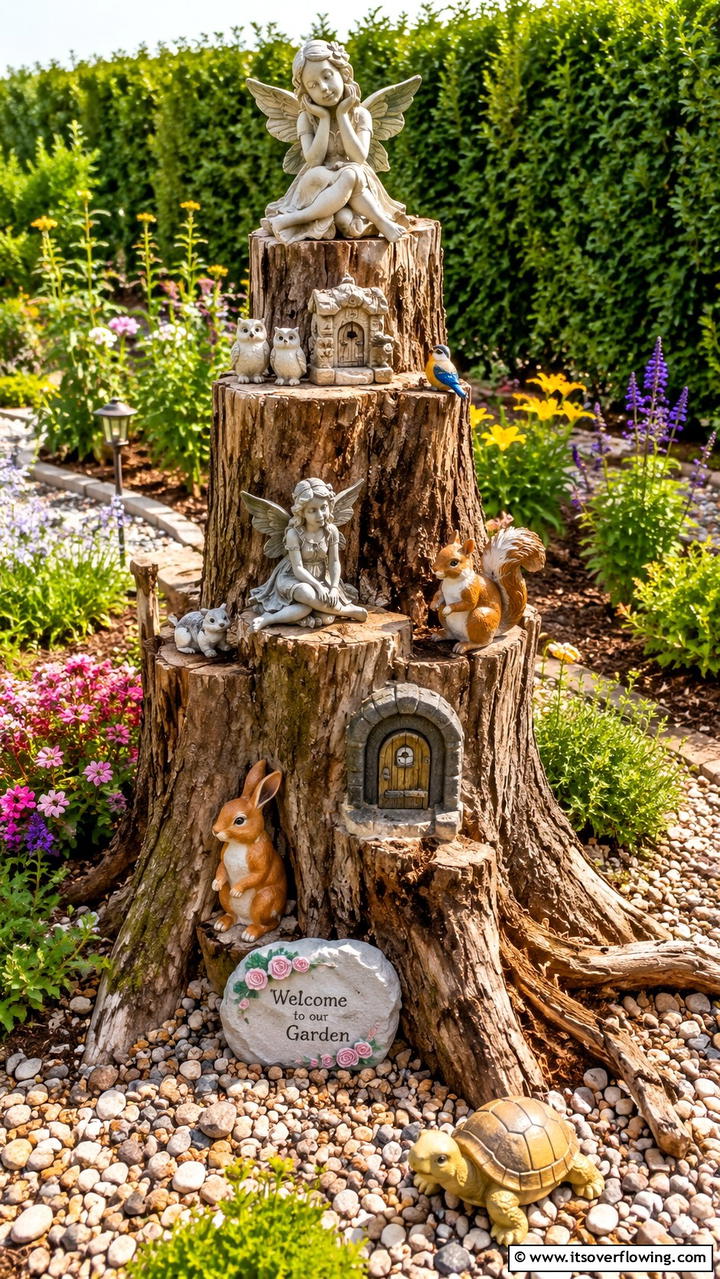 Statue Adorned Stump - 21 Creative Tree Stump Decorating Ideas for Rustic Accents