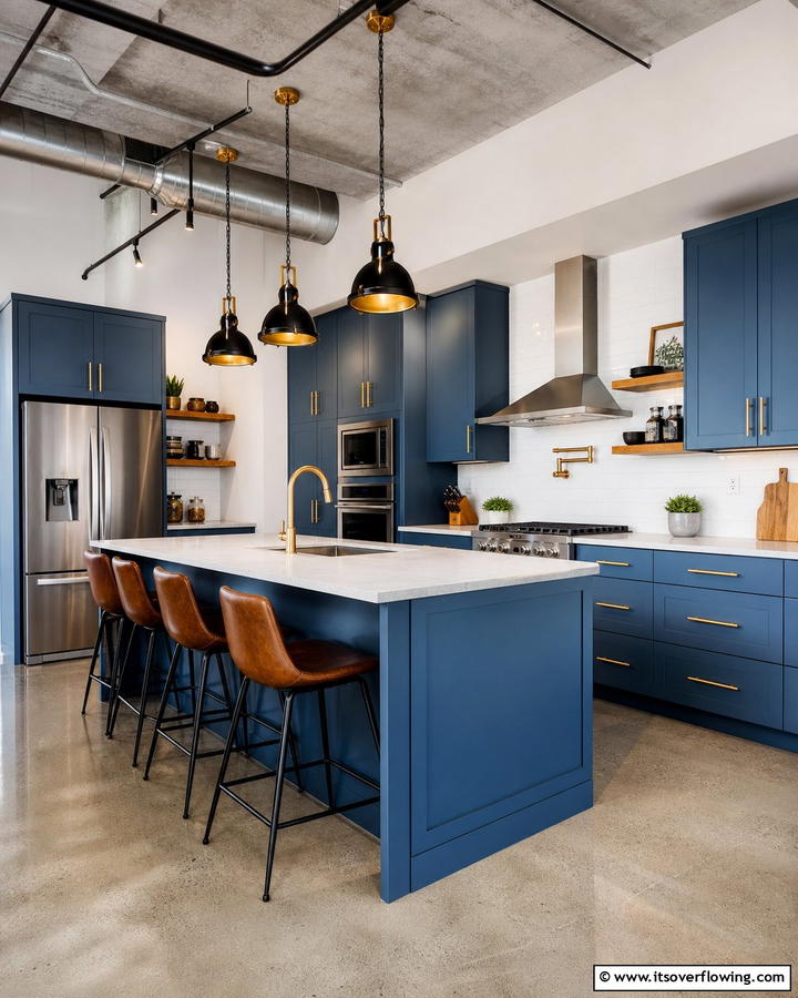 Steel Blue Cabinets with Satin Gold Handles - 25 Blue Kitchen Cabinets With Gold Hardware for a Luxe Look