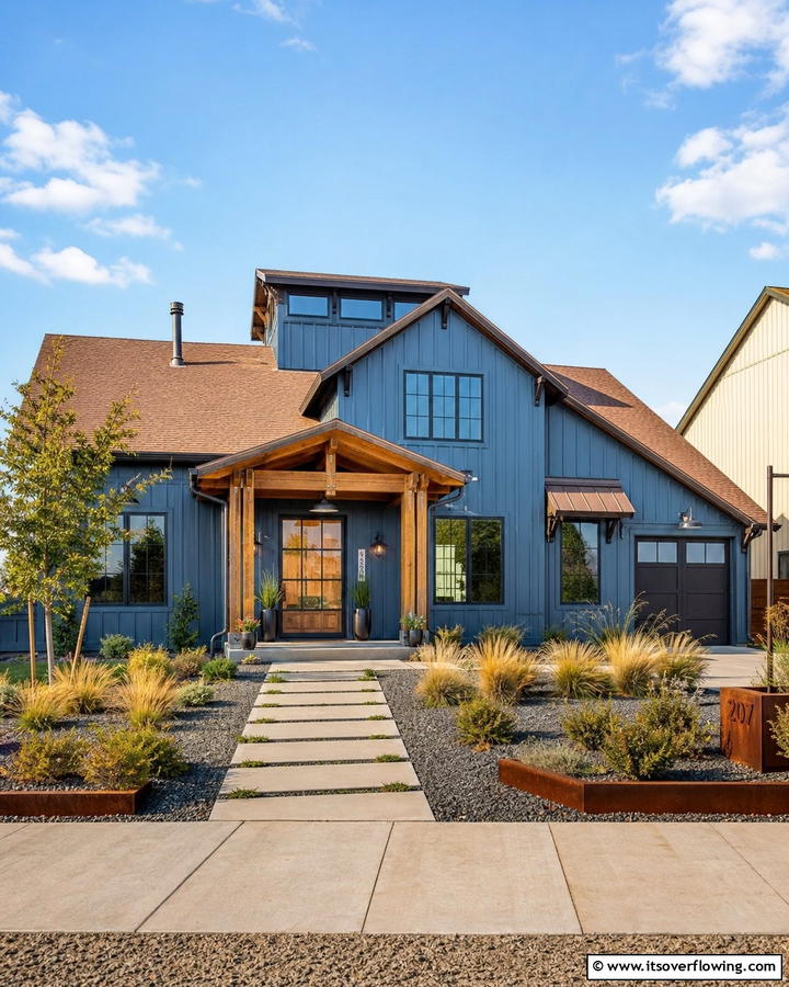 Steel Blue Siding with Brown Roof for Industrial Flair - 25 Stunning Blue Exterior Home with Brown Roof Ideas
