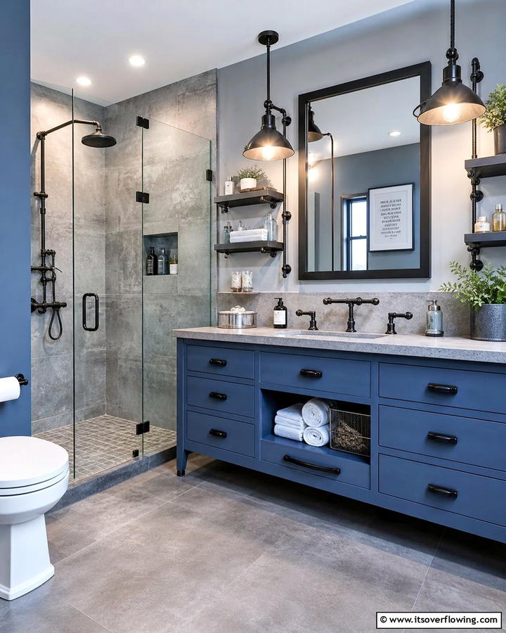 Steel Blue Vanity with Industrial Accents - 25 Stunning Blue Bathroom Vanity Ideas