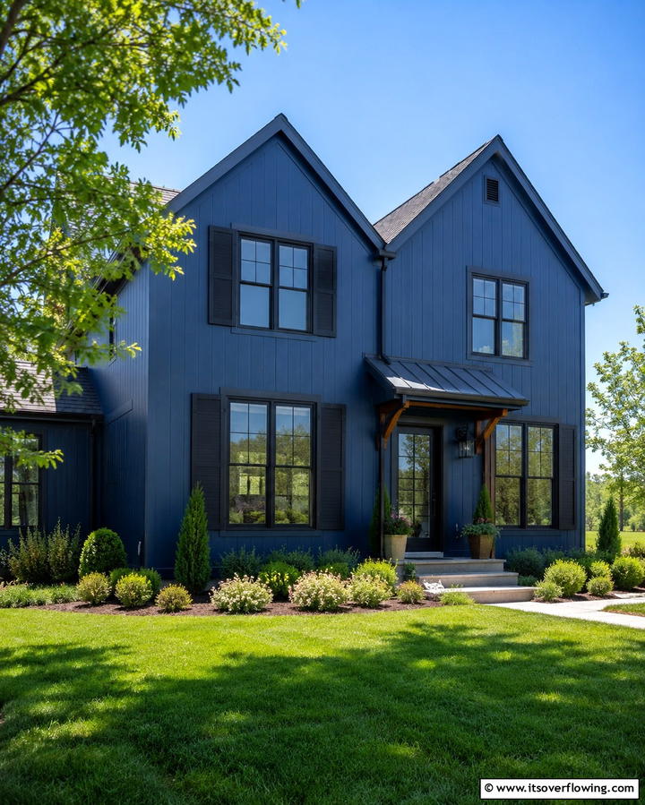 Steel Blue with Black Shutters - 30 Serene Blue Exterior House Paint Ideas for Curb Appeal