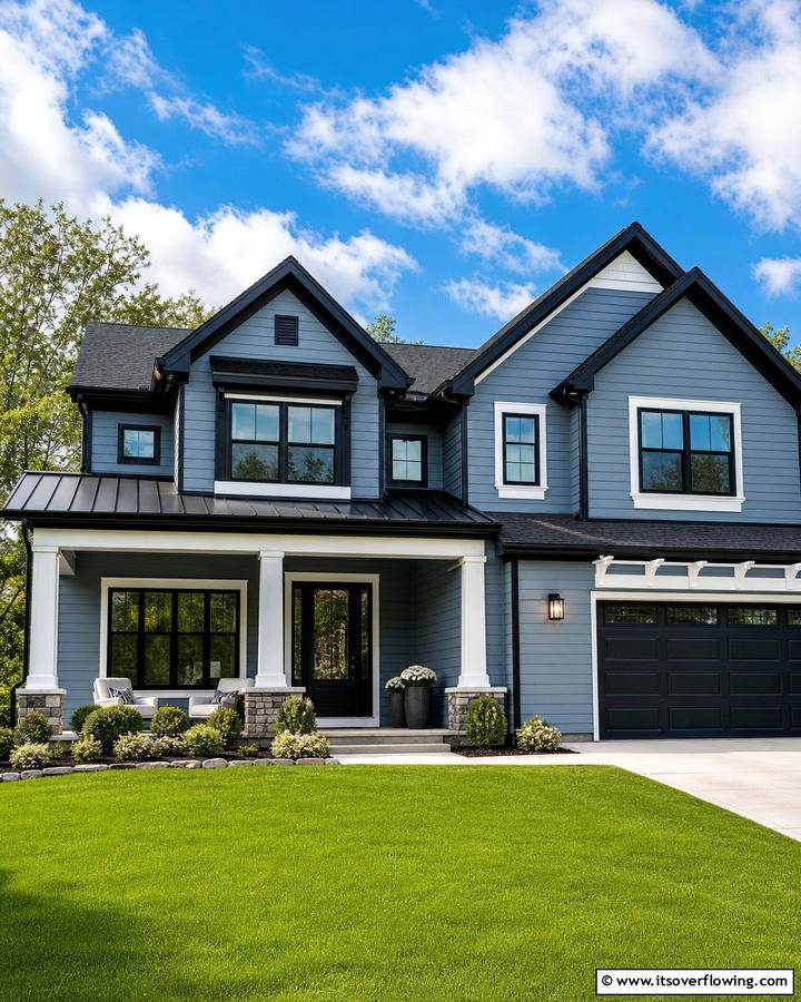 Steel Blue with Black Trim and White Accents - 25 Blue House With Black Trim Ideas for a Striking Exterior
