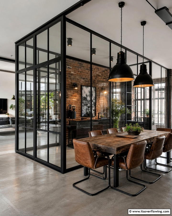 Steel and Glass Partitions - 20 Industrial Dining Room Ideas for a Modern Look