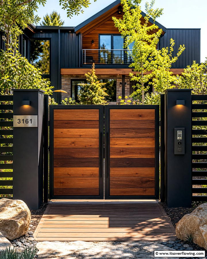 Steel and Wood Combination Gate - 20 Front Door Gate Ideas to Enhance Your Home’s Curb Appeal