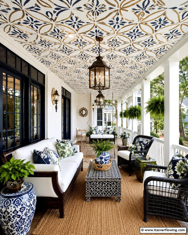 Stenciled Artistic Design - 30 Porch Ceiling Ideas to Refresh Your Outdoor Entryway