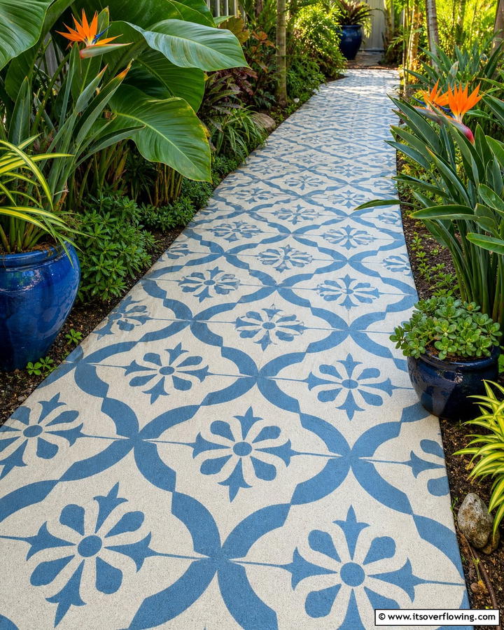 Stenciled Concrete for Unique Patterns - 20 Durable Concrete Walkway Ideas for Your Garden