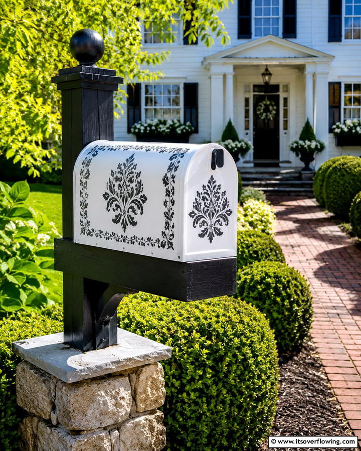 Stenciled Design Mailbox Update - 30 Mailbox Decor Ideas- Curb Appeal with Personality