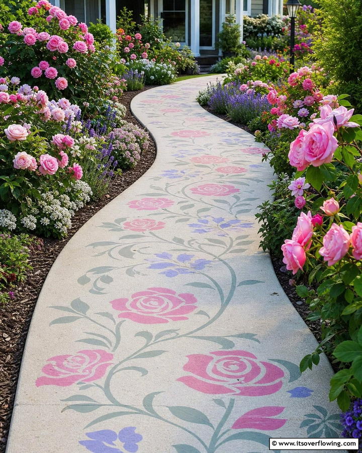 Stenciled Floral Designs for a Classic Touch - 20 Concrete Walkway Painting Ideas for a Unique Path