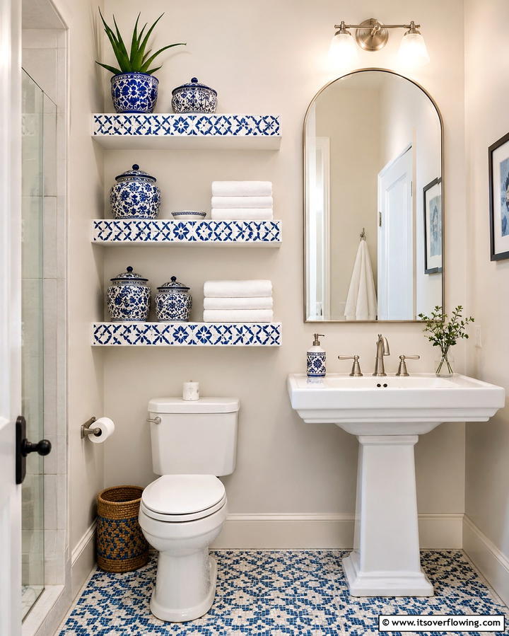 Stenciled Pattern Shelves - 30 Small Bathroom Shelving Ideas for Smart Storage