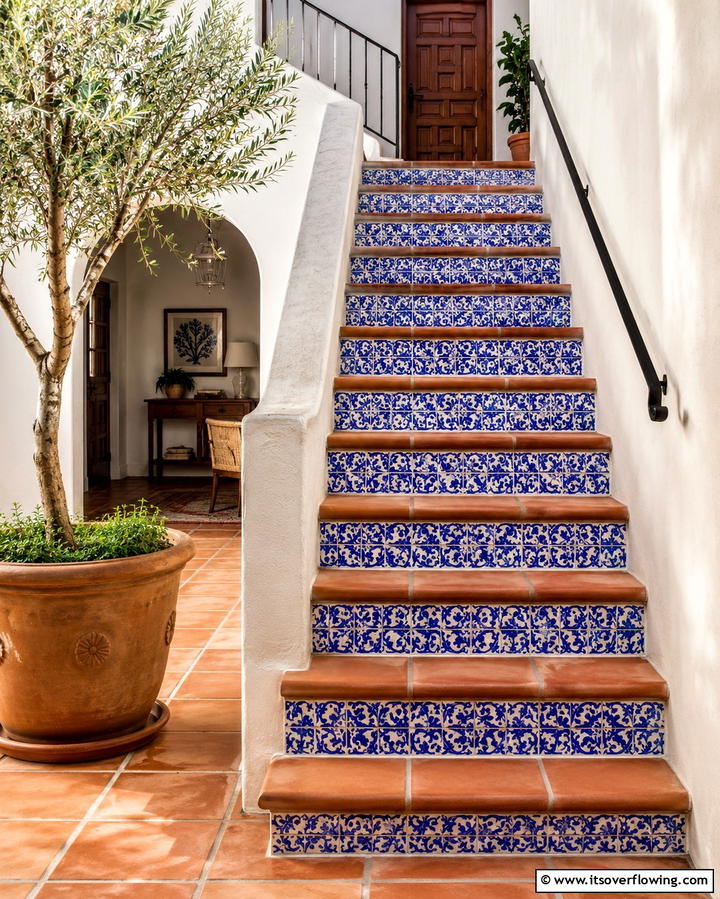 Stenciled Tiles - 25 Painted Stair Ideas to Transform Your Home