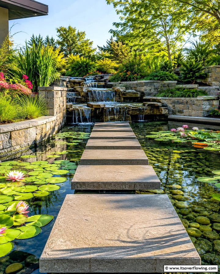 Stepping Stones Leading to a Water Feature - 30 Creative Stepping Stone Walkway Garden Ideas
