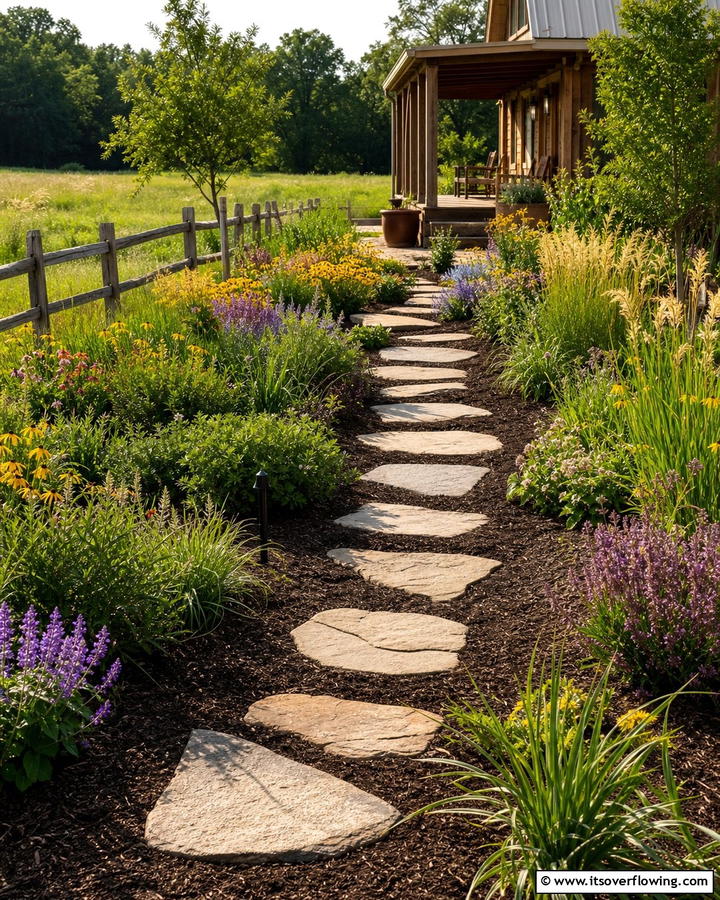 Stepping Stones with Mulch Surround - 20 Farmhouse Walkway Ideas for a Rustic Charm