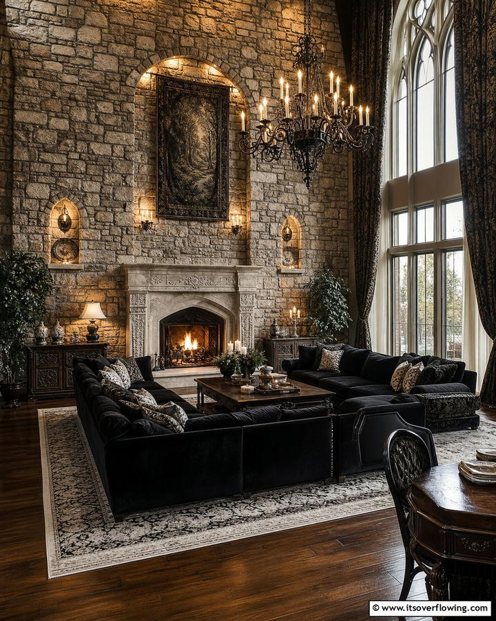 Stone Accent Walls - 25 Castle Living Room Ideas for a Majestic and Regal Ambiance