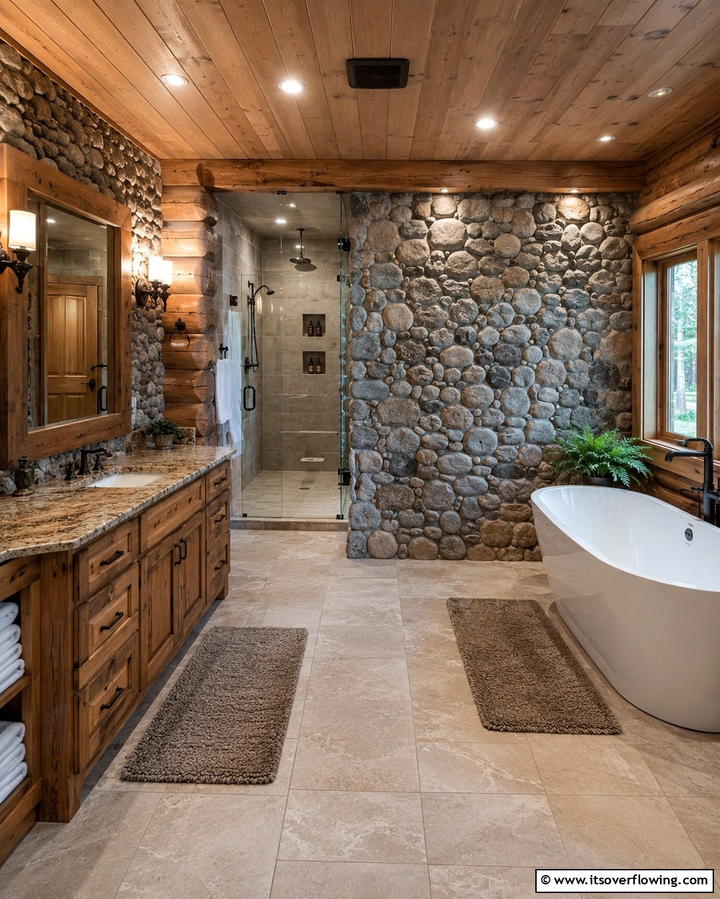 Stone Accent Walls - 25 Log Cabin Bathroom Ideas for a Rustic and Relaxing Retreat