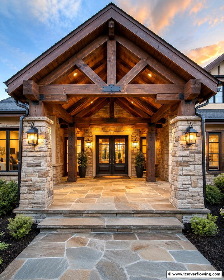 Stone Accented Elegance - 25 Open Gable Porch Ideas for a Welcoming Entrance