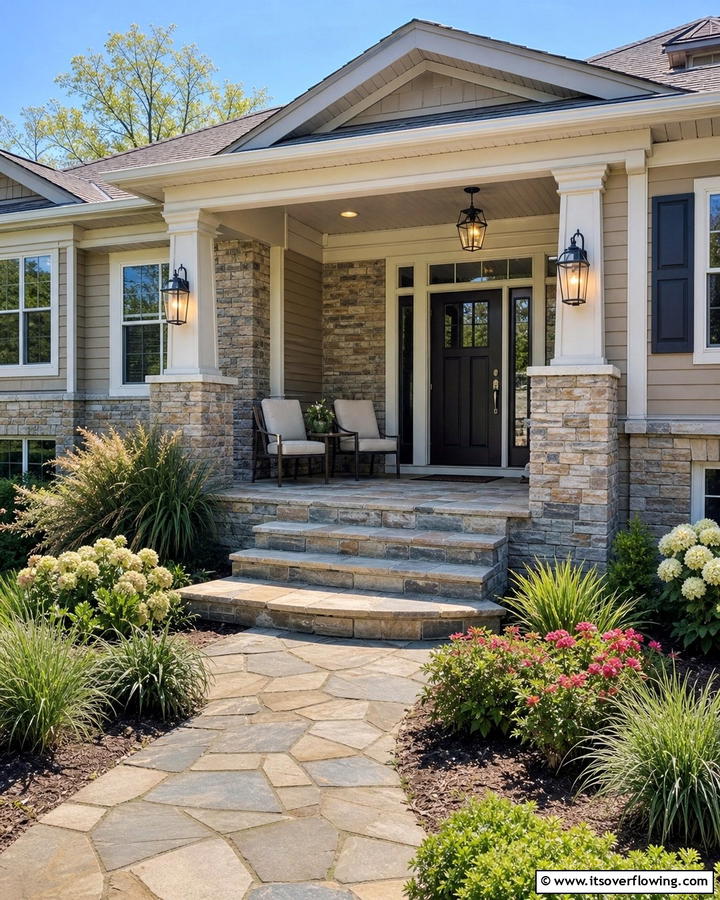 Stone Accented Porch - 20 Raised Ranch Front Porch Ideas for Curb Appeal