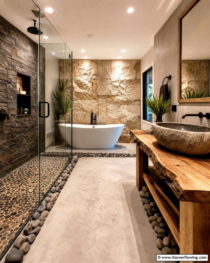 Stone Accents for Earthy Vibes - 30 Serene Spa Decor Ideas for a Relaxing Bathroom Retreat