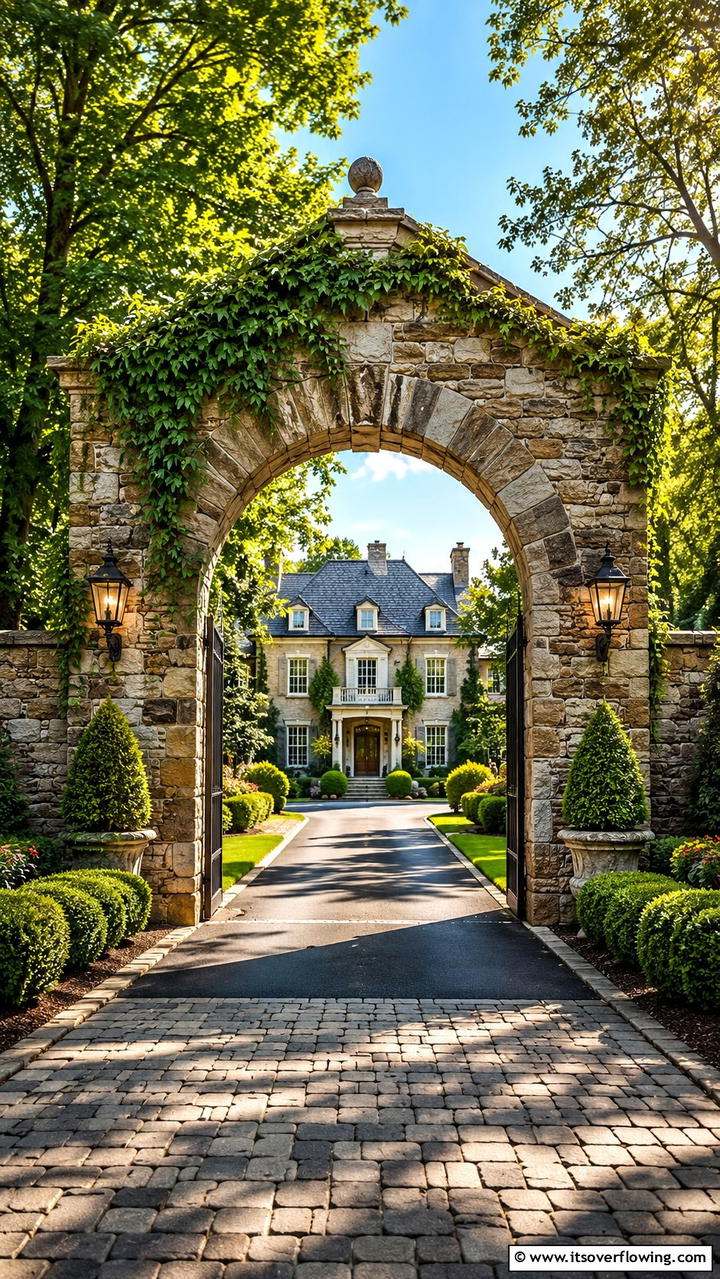 Stone Archway Elegance - 30 Driveway Entrance Ideas for Impressive Arrivals