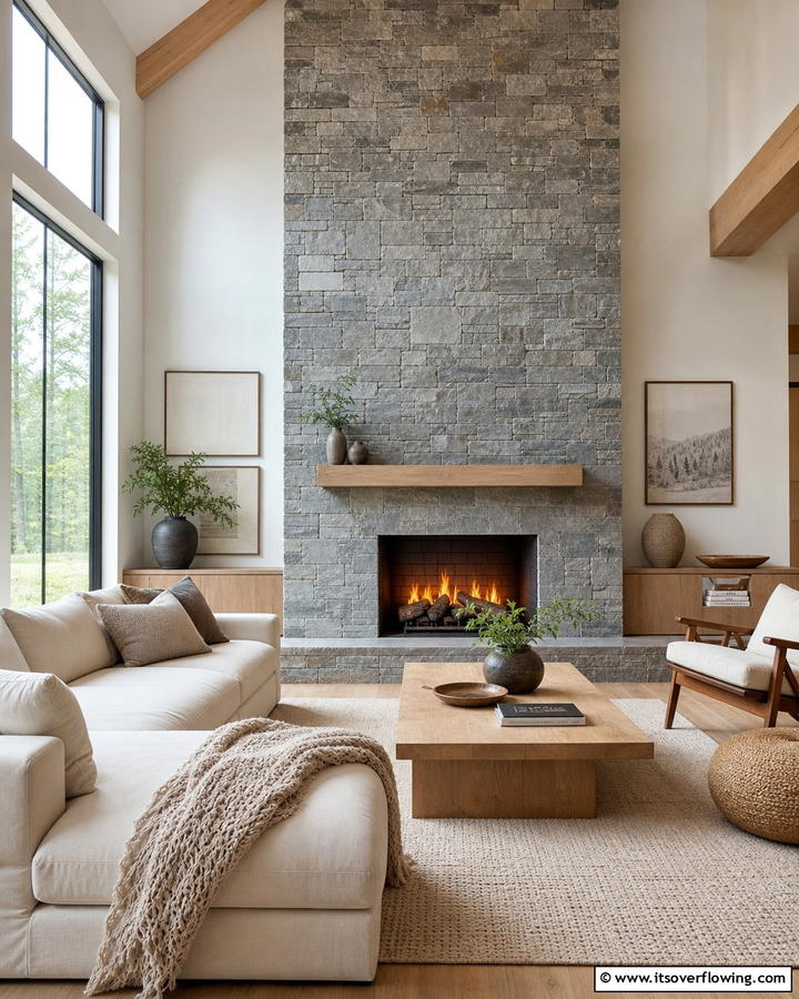 Stone Clad Fireplace for Natural Warmth - 20 Scandinavian Fireplace Ideas for Cozy Homes