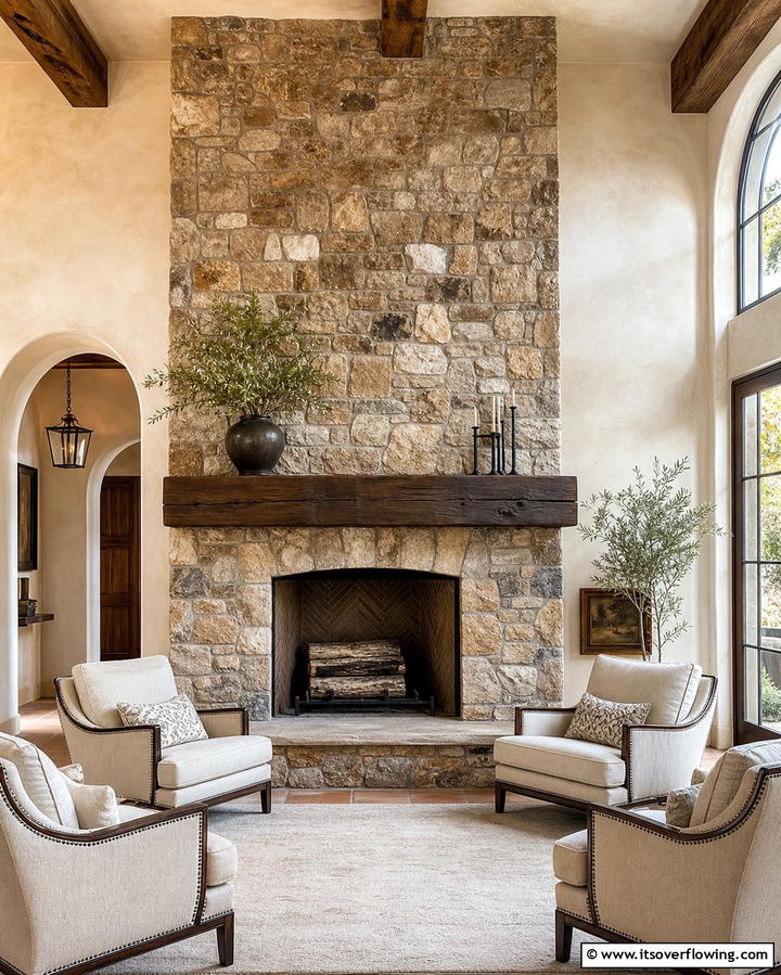 Stone Clad Fireplace with Wooden Mantel - 25 Spanish Style Fireplace Ideas for Cozy Living Spaces