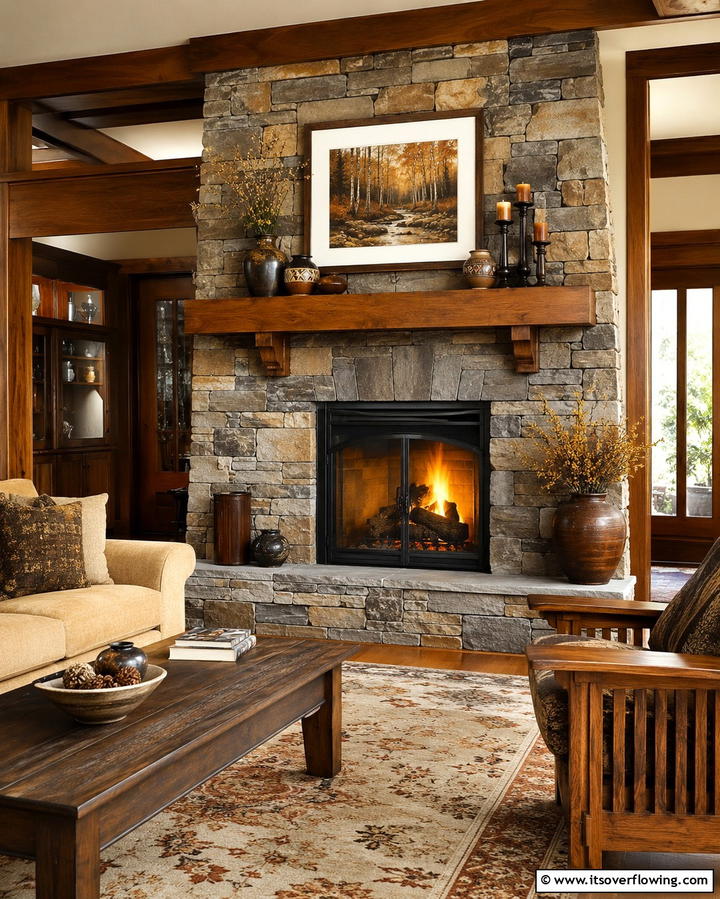 Stone Clad Fireplace with Wooden Mantel - 25 Craftsman-style Fireplace Ideas- Classic & Elegant Designs