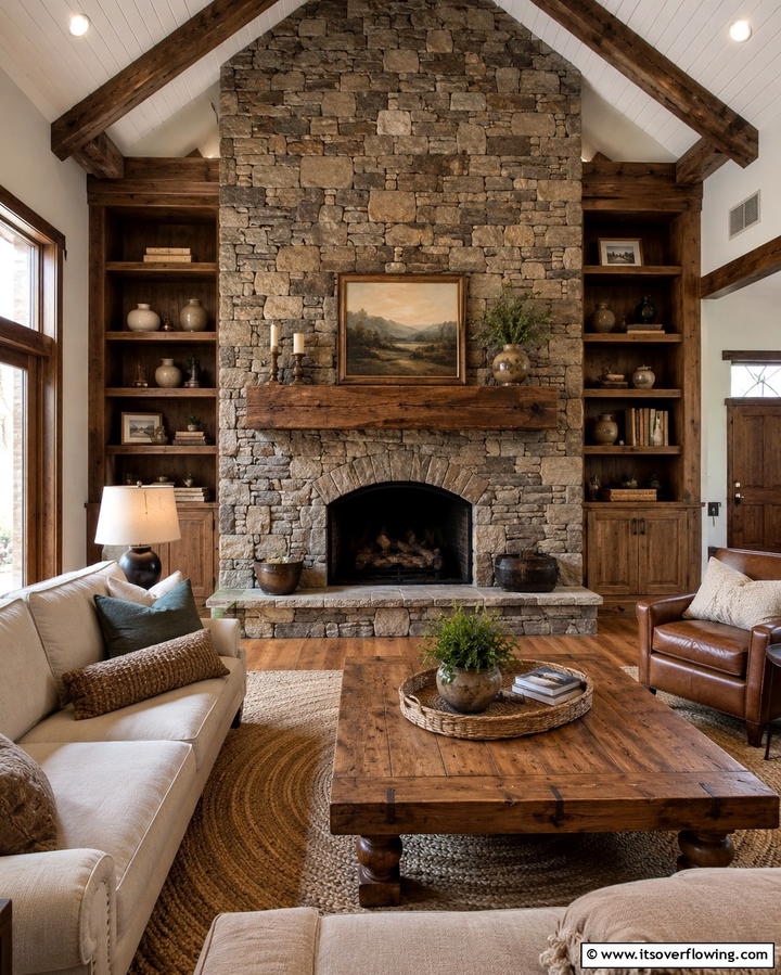 Stone Fireplace Feature - 30 Small Rustic Living Room Ideas for Cozy Charm
