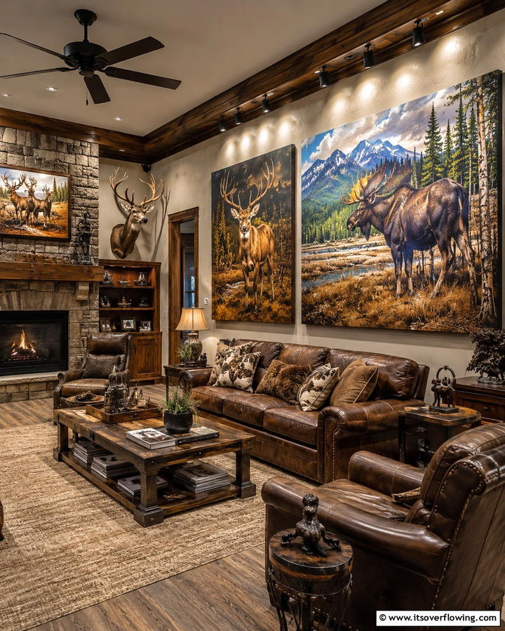 Stone Fireplace for Cozy Gatherings - 25 Unique Hunting Man Cave Ideas for Your Space