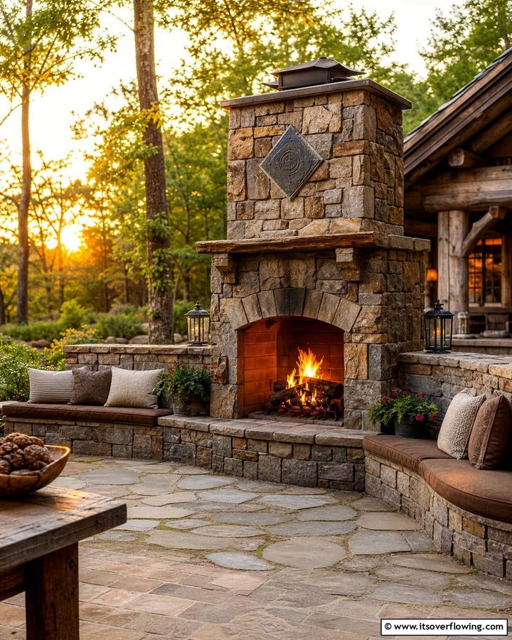 Stone Fireplace with Built In Seating - 20 Rustic Outdoor Fireplace Ideas for Cozy Evenings