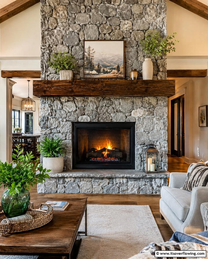 Stone Fireplace with Wooden Mantel - 25 Rustic Fireplaces to Warm Up Your Living Space