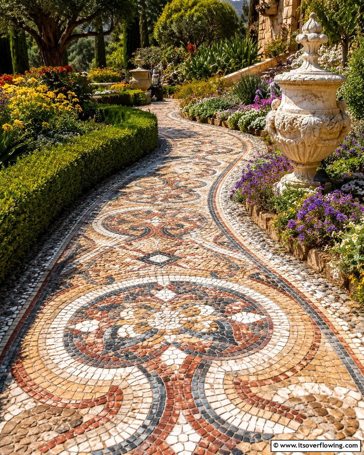 Stone Mosaic Pathways - 25 Curved Walkway Ideas for a Charming Garden Path