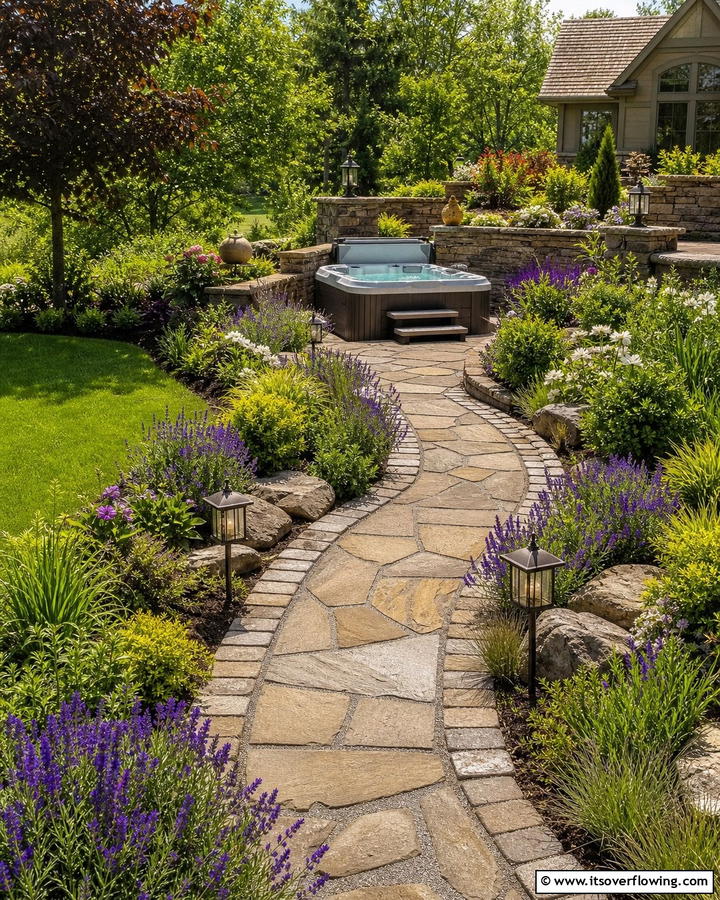 Stone Pathway Approach - 20 Hot Tub Landscaping Ideas for a Relaxing Retreat