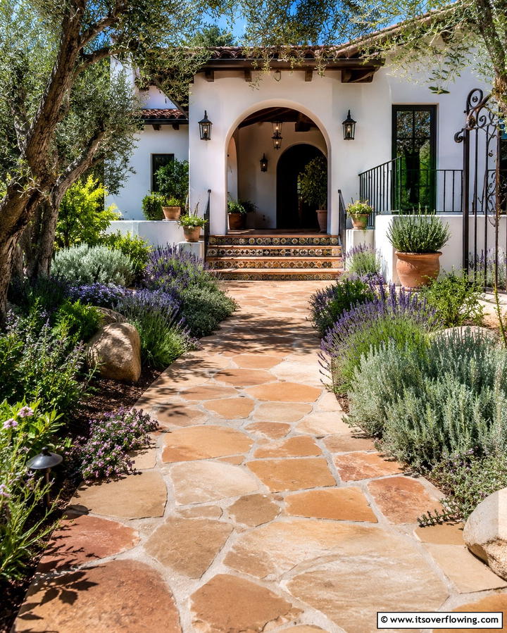 Stone Pathway Designs - 30 Spanish Style Front Porch Ideas for Mediterranean Charm