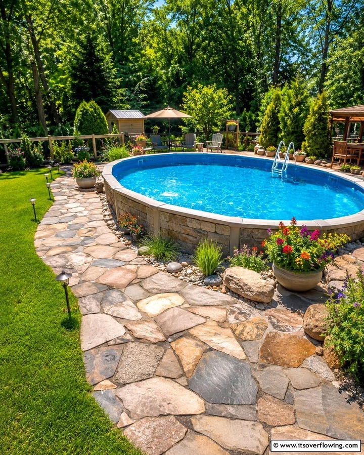 Stone Pathway Surround - 25 Above Ground Pool Landscaping Ideas for a Stunning Yard