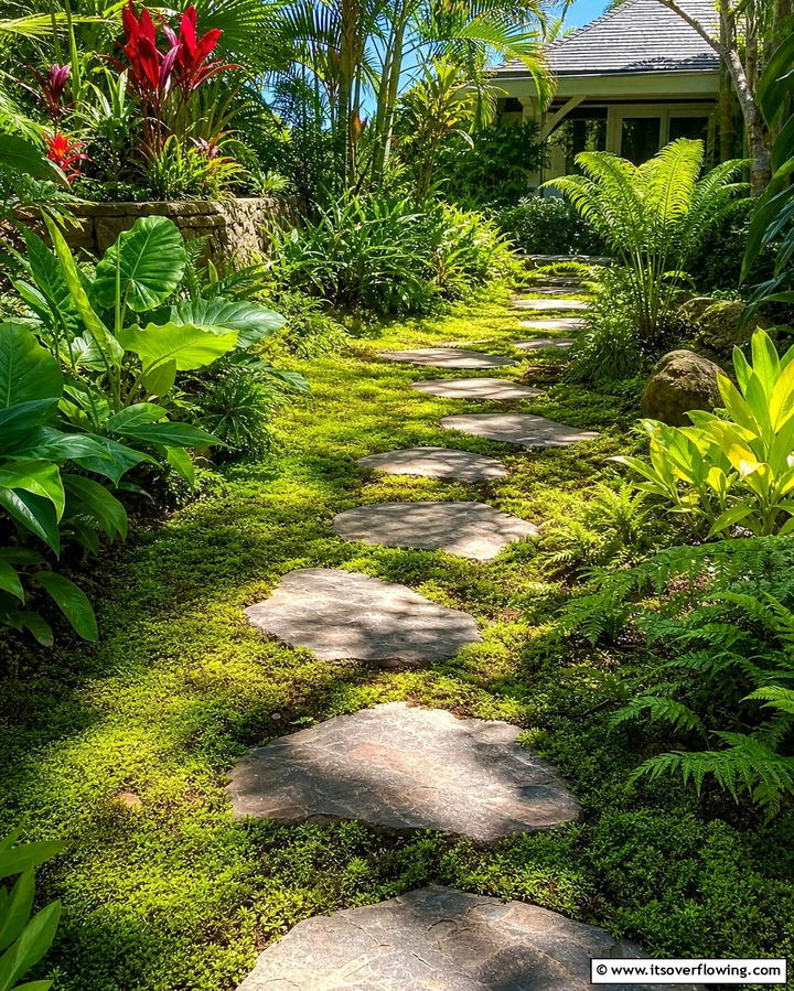 Stone Pathways with Greenery - 25 Tropical Garden Ideas for a Lush Outdoor Oasis