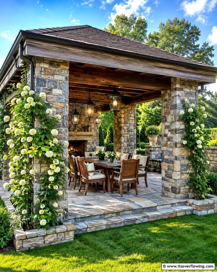 Stone Pillars with Roof - 25 Attached Covered Patio Ideas for Year-Round Use