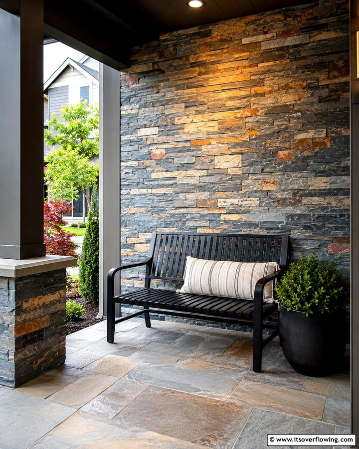 Stone Porch with Accent Walls - 25 Stone Porch Ideas to Enhance Your Home’s Curb Appeal