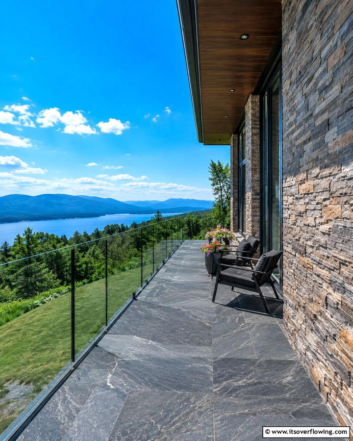 Stone Porch with Glass Railings - 25 Stone Porch Ideas to Enhance Your Home’s Curb Appeal