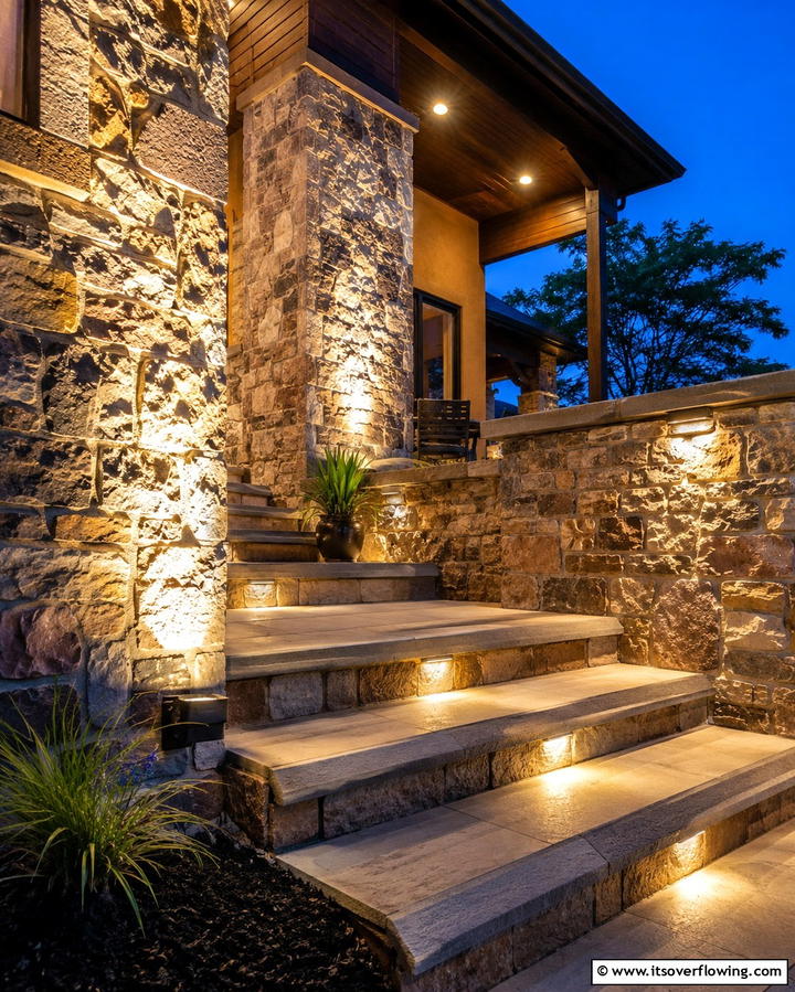 Stone Porch with Lighting Accents - 25 Stone Porch Ideas to Enhance Your Home’s Curb Appeal