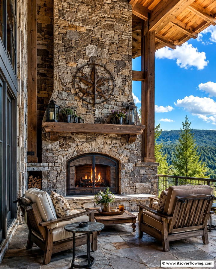 Stone Porch with Outdoor Fireplace - 25 Stone Porch Ideas to Enhance Your Home’s Curb Appeal