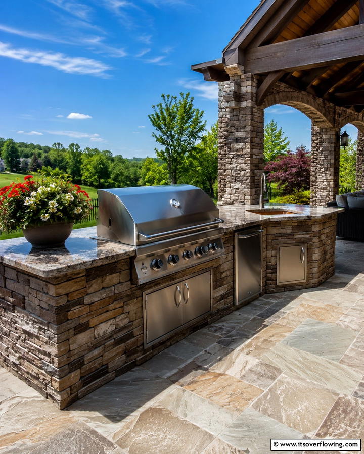 Stone Porch with Outdoor Kitchen - 25 Stone Porch Ideas to Enhance Your Home’s Curb Appeal
