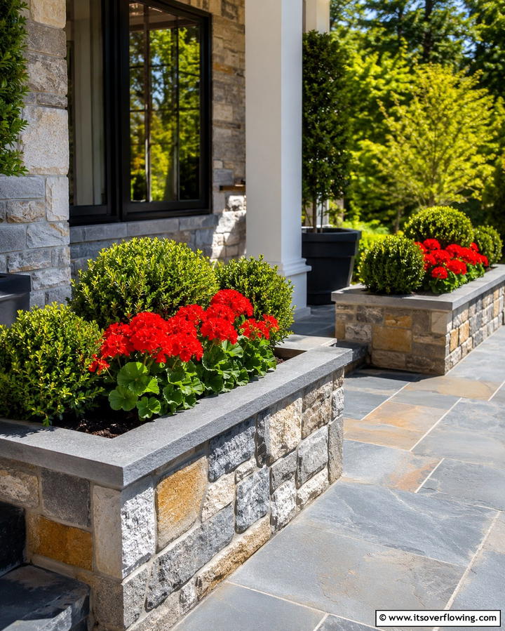 Stone Porch with Planters - 25 Stone Porch Ideas to Enhance Your Home’s Curb Appeal