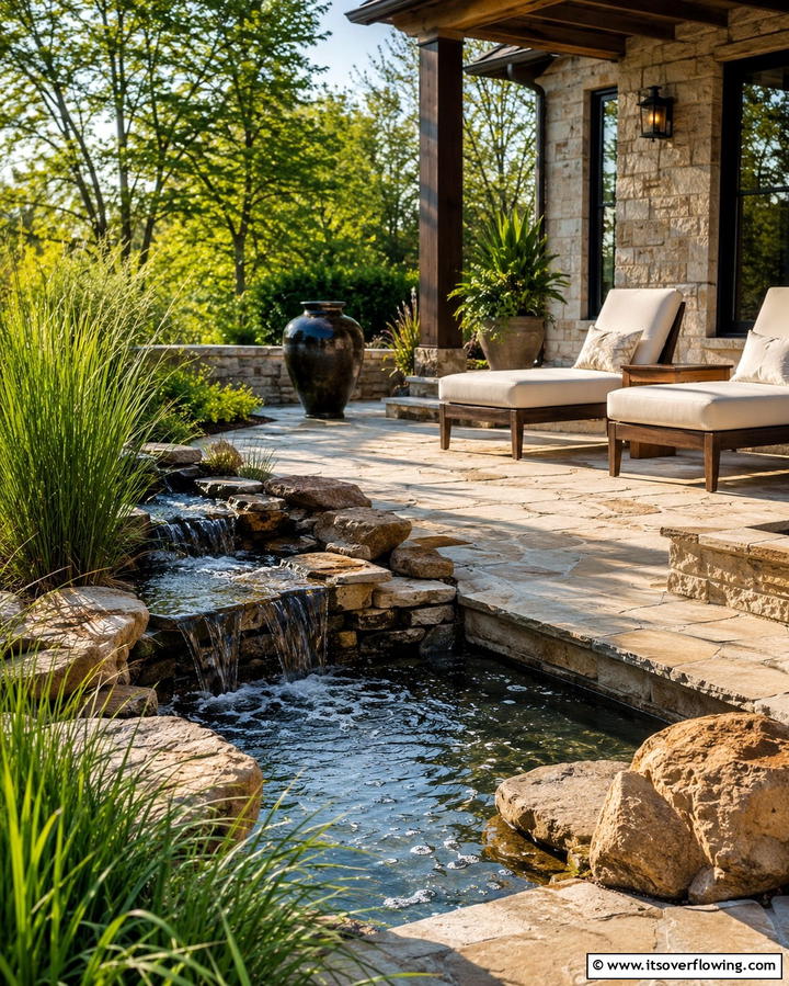 Stone Porch with Water Features - 25 Stone Porch Ideas to Enhance Your Home’s Curb Appeal