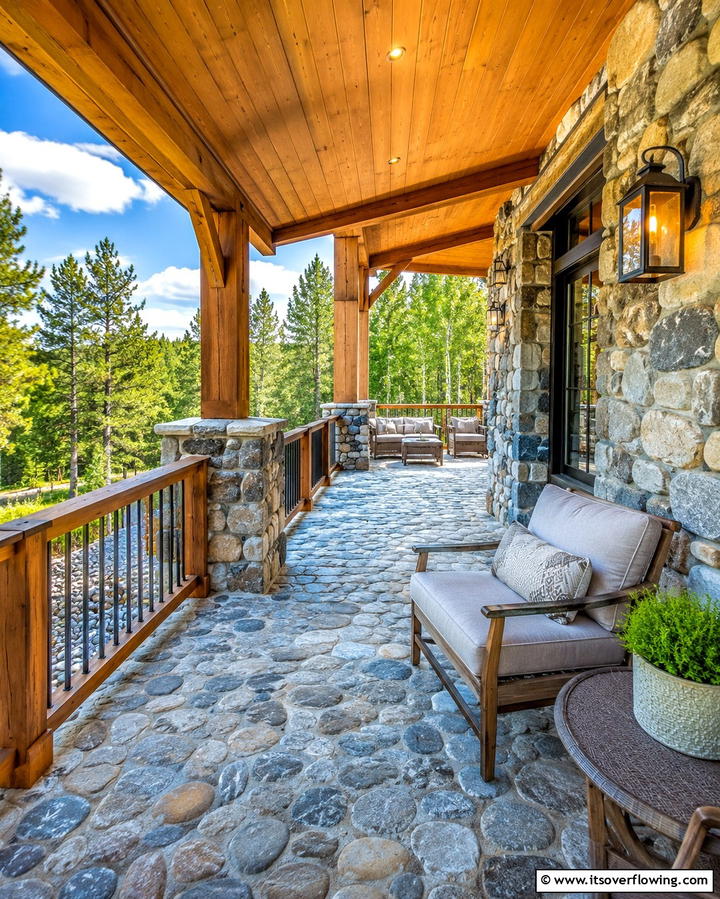 Stone Porch with Wooden Accents - 25 Stone Porch Ideas to Enhance Your Home’s Curb Appeal
