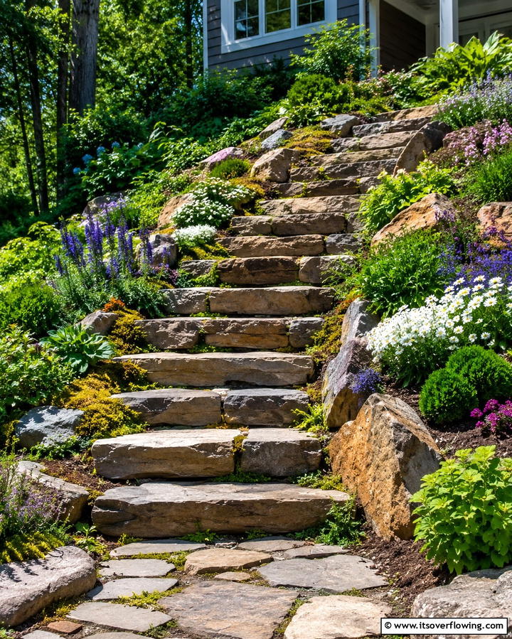 Stone Staircases with Landscaping - 25 Down Sloped Backyard Ideas for a Unique Outdoor Space