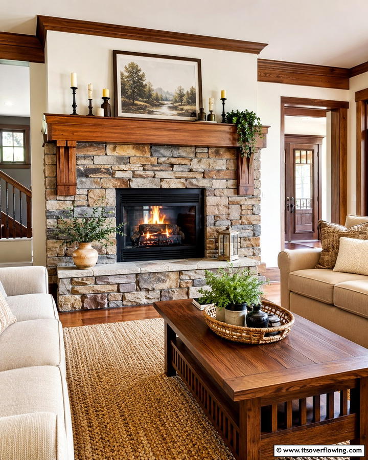 Stone Surround with Wooden Mantel - 25 Craftsman-style Fireplace Ideas- Classic & Elegant Designs