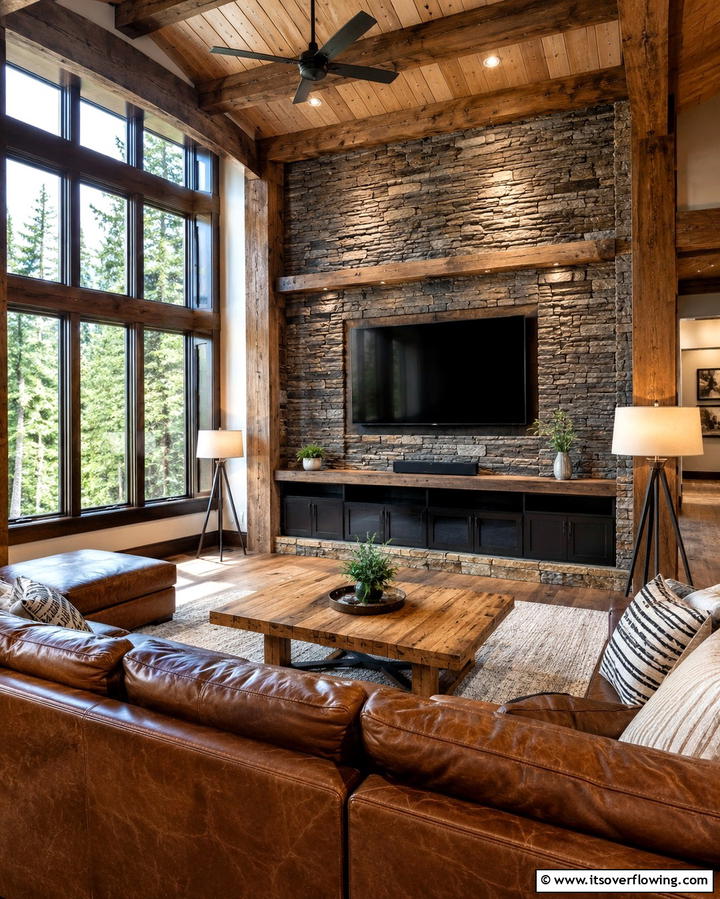 Stone Veneer Elegance - 20 TV Accent Wall Ideas to Enhance Your Space