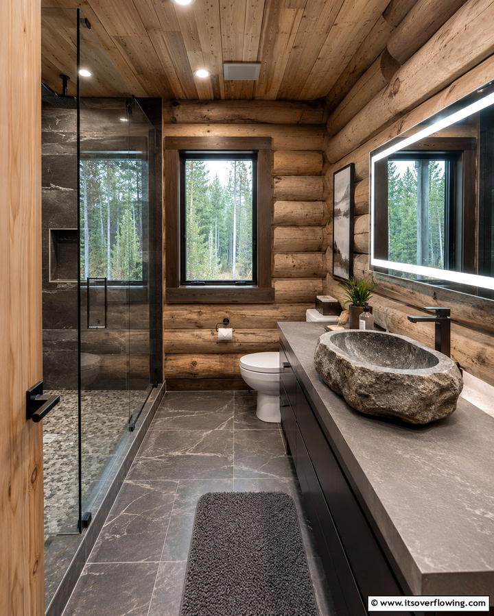 Stone Vessel Sinks - 25 Log Cabin Bathroom Ideas for a Rustic and Relaxing Retreat