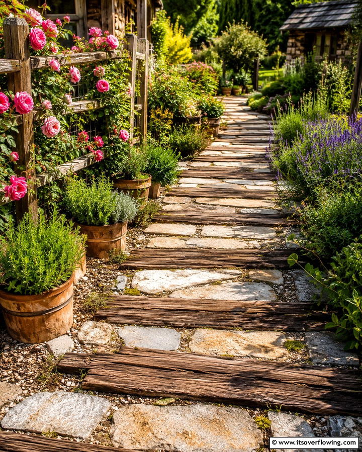 Stone Walkway with Wooden Accents - 20 Stone Walkway Ideas to Enhance Your Garden
