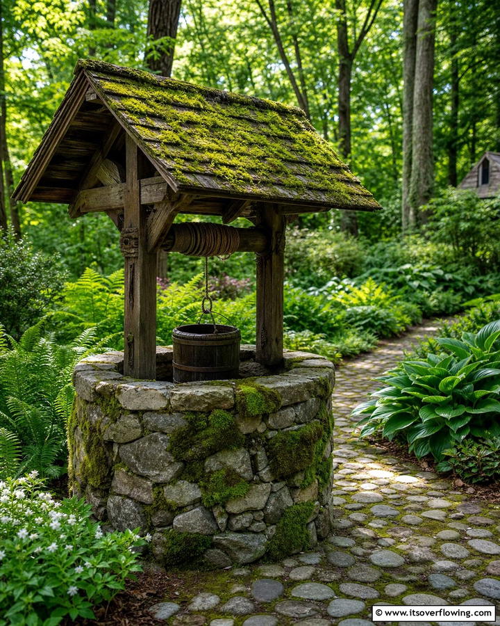 Stone Wishing Well with Moss Accents - 20 Outdoor Wishing Well Garden Ideas for Enchantment